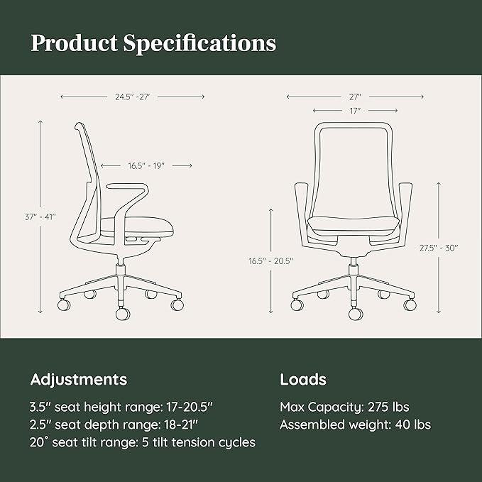 Branch Verve Chair - High Performance Executive Office Chair with Contoured Back and Adjustable Lumbar Support - High Density Foam Cushion and 3D Knit Back - Fits 5' to 6', Up to 275 lbs, Wheat