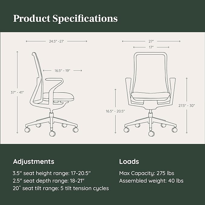 Branch Verve Chair - High Performance Executive Office Chair with Contoured Back and Adjustable Lumbar Support - High Density Foam Cushion and 3D Knit Back - Fits 5' to 6', Up to 275 lbs, Lunar