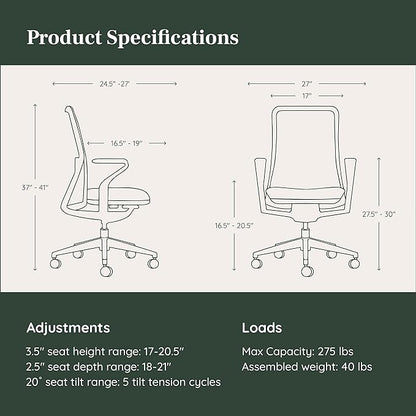 Branch Verve Chair - High Performance Executive Office Chair with Contoured Back and Adjustable Lumbar Support - High Density Foam Cushion and 3D Knit Back - Fits 5' to 6', Up to 275 lbs, Lunar