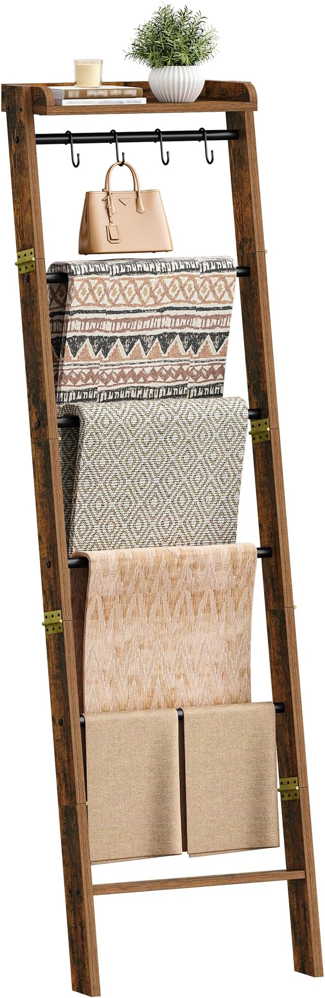 Hzuaneri Blanket Ladder Shelf, Decorative Quilt Rack, 7-Tier Farmhouse Ladder Holder Organizer with 4 Removable Hooks 7.9" D x 17.3" W x 66.9" H, Rustic Brown BR36801B