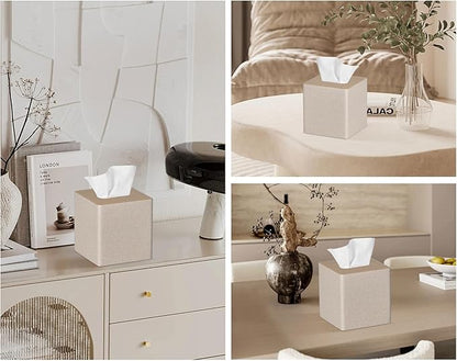 GOLRANLYE Tissue Box Cover Square PU Leather Facial Tissue Box Holder for Dresser Bathroom Decor (Beige)