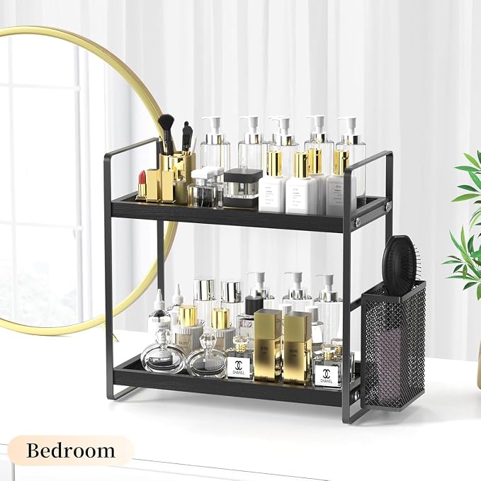 LEMIKKLE Bathroom Organizer Countertop, Counter Organizer for Bathroom Decor, Wooden Sink Shelf for Vanity Storage, Makeup Tray for Perfume Skincare Bedroom Kitchen Corner (Black)