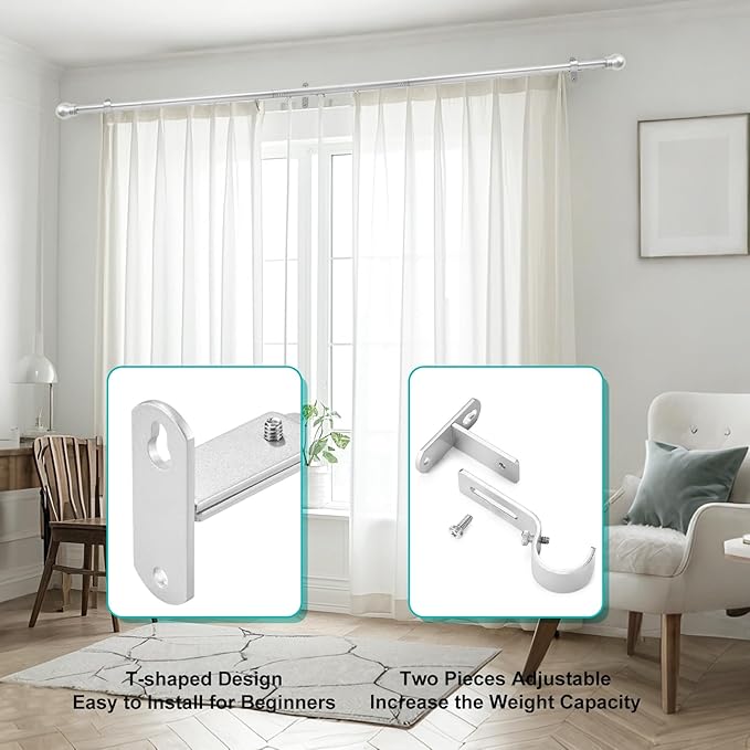 Adjustable Curtain Rod Brackets, Metal Window Drapery Rod Hanger Holders Hooks for 1 inch Rods (Satin Silver, Set of 2)