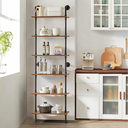 YMYNY Industrial Pipe Ladder Shelf, 6-Tier Wall Mounted Bookcase with Metal Frame, 78.7" Open Bookshelf, Multifunctional Storage Rack for Home Office, Living Room, Plant Stand, Rustic Brown, RF-TM018