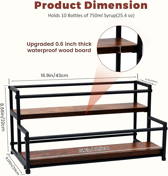 Coffee Syrup Rack Organizer, 2-Tier | Metal Bottle Holder, 10 Bottles Capacity, Rustic Countertop Display Shelf, For Coffee Bar, Kitchen Cabinet, Pantry
