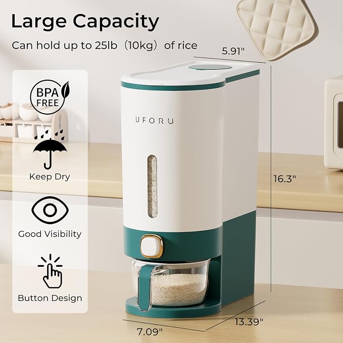 UFORU Rice Dispenser, Rice Storage Container with Measuring Cup for Kitchen Pantry Household, Cereal Dry Food Storage Containers Airtight, Sealed Moisture Proof (Green 22 Lbs)