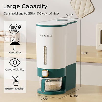 UFORU Rice Dispenser, Rice Storage Container with Measuring Cup for Kitchen Pantry Household, Cereal Dry Food Storage Containers Airtight, Sealed Moisture Proof (Green 22 Lbs)