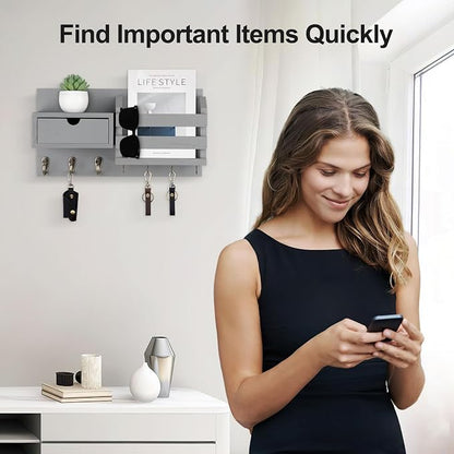 Lwenki Wall Mount Key Holder with Mail Organizer, 100% Paulownia Wood, 7 Metal Hooks, Storage Drawer, Entryway Home Decor (Gray)