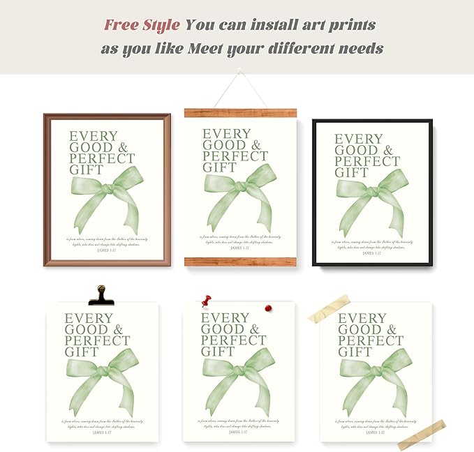 LARTSFRO Coquette Sage Green Bow Wall Art Decor Posters, Sage Green Bow Room Bedroom Bathroom Dorm Wall Art Decor Aesthetic for Teen Girls Gifts, Inspirational Bible Verses Bow Wall Decor, 10x8 Inch Set of 4 Pcs Bow Pictures (UNFRAMED)