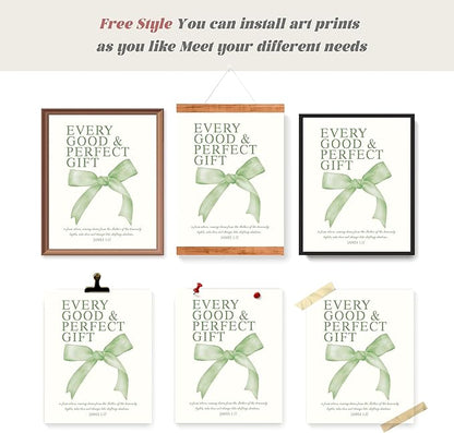 LARTSFRO Coquette Sage Green Bow Wall Art Decor Posters, Sage Green Bow Room Bedroom Bathroom Dorm Wall Art Decor Aesthetic for Teen Girls Gifts, Inspirational Bible Verses Bow Wall Decor, 10x8 Inch Set of 4 Pcs Bow Pictures (UNFRAMED)