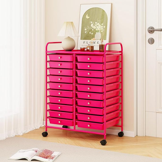 COSTWAY 20-Drawer Rolling Storage Cart, Utility Storage Organizer Cart for Tools, Scrapbook, Paper, Craft, Multipurpose Storage Trolley on Wheels for Home Office School, Hot Pink