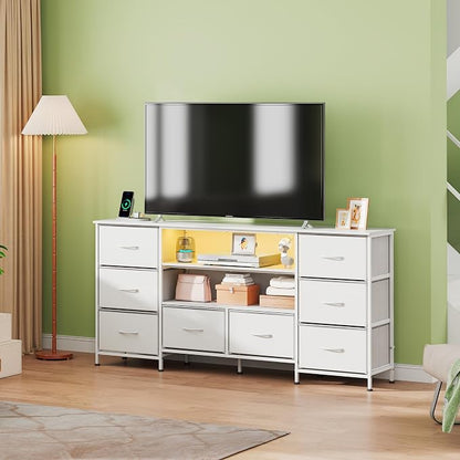 WLIVE TV Stand Dresser for 65,70 inch TV, Entertainment Center with LED Lights & 8 Long Fabric Drawers, Dresser TV Stand for Bedroom and Living Room, White