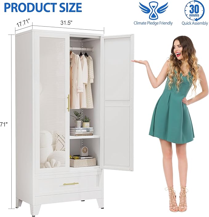 Steel Armoire Wardrobe Closet with Mirror Doors, 71" Household Wardrobe Cabinet with Hanging Rod and Drawer, Metal Clothing Storage Cabinet with Adjustable Shelf for Bedroom, Cloak, Gym(White)