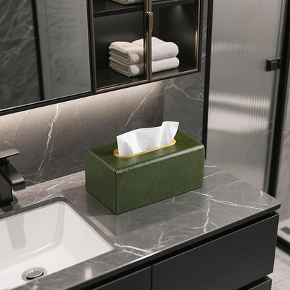 Rectangle Tissue Box Cover for 120-160 Count Box of Tissues, Luxury PU Leather Tissue Holder with Magnetic Closure (Dark Green)