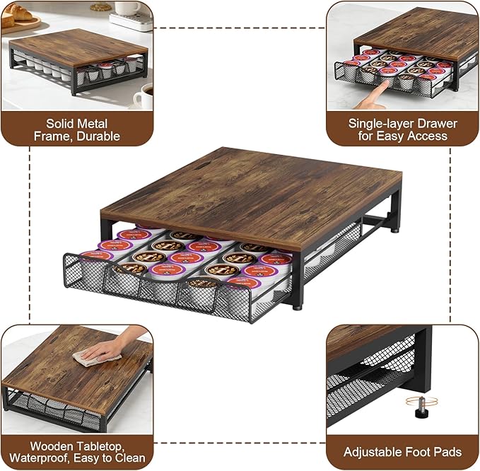 VyGrow Coffee Pod Holder For Counter, Wooden K Cup Holder with Single Layer Sliding Drawer, Large Capacity Coffee Pod Storage for Coffee Station, Home, Office, Kitchen