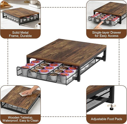 VyGrow Coffee Pod Holder For Counter, Wooden K Cup Holder with Single Layer Sliding Drawer, Large Capacity Coffee Pod Storage for Coffee Station, Home, Office, Kitchen
