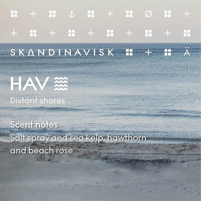 Skandinavisk HAV 'Sea' Scented Candle. Fragrance Notes: Salt Spray and Sea Kelp, Hawthorn and Beach Rose. 7.0 oz.