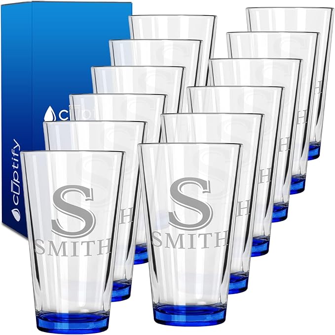 Personalized Beer Glasses Set of 12 Engraved Blue 16oz Pint Glasses for Men & Women, Custom Drinking Gift for Birthdays, Weddings, Father’s Day & More