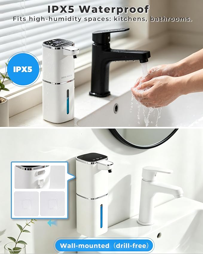 Automatic Foaming Soap Dispenser, 13.5oz/400mL, USB Rechargeable, 9-Adjustable Foam Levels, IPX5 Waterproof, Touchless & Wall/Tabletop Use for Kitchen Bathroom, White