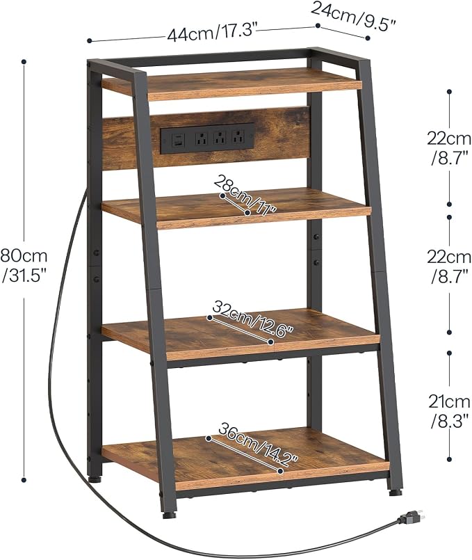 HOOBRO 4-Tier AV Media Stand with Charging Station and LED Light, Wooden Stereo Cabinet, Game Console Stand, Media Audio Rack, Record Player, Entertainment Center, Rustic Brown and Black BF106UDCJ01