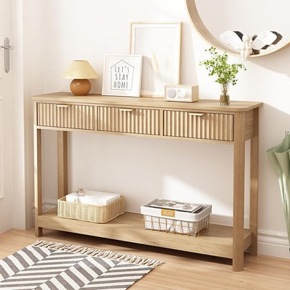 Fluted Console Table with Drawers, Modern 47.1" Entryway Table with Storage Shelf, Boho Narrow Skinny Behind Couch Wood Sofa Table for Living Room Hallway Entrance Foyer, Natural