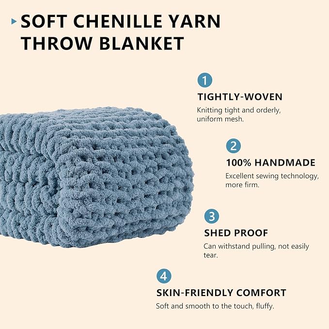 L'AGRATY Chunky Knit Blanket Throw: 60''x80'' Chenille Chunky Knitted Throw Blanket for Bed Couch - Handmade Thick Big Cable Knit Blanket - Large Crochet Rope Blankets for Home Decor(Airy Blue)