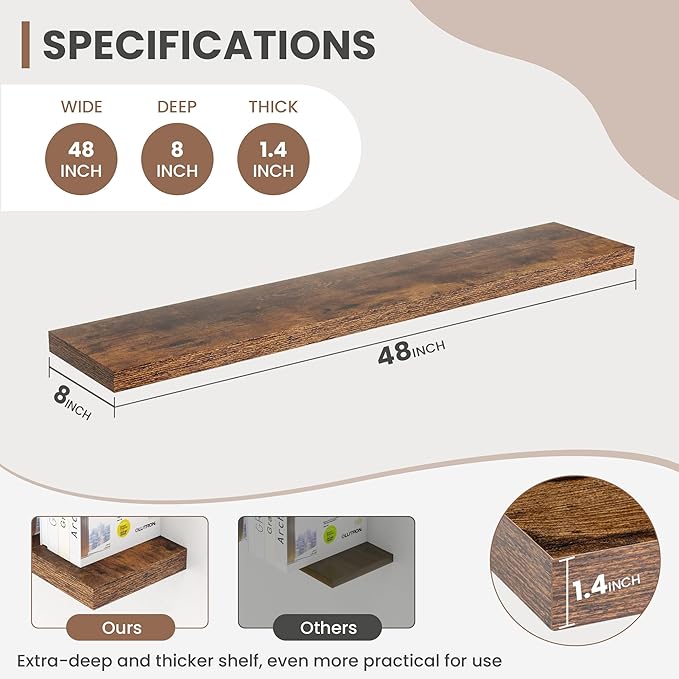 Acovy 48 Inch Floating Shelves, 8 Inch Deep Floating Shelves for Wall, Hanging Shelf with Invisible Brackets, Deep Shelves for Bathroom, Bedroom, Living Room, Brown, Set of 2