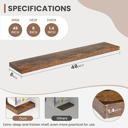 Acovy 48 Inch Floating Shelves, 8 Inch Deep Floating Shelves for Wall, Hanging Shelf with Invisible Brackets, Deep Shelves for Bathroom, Bedroom, Living Room, Brown, Set of 2