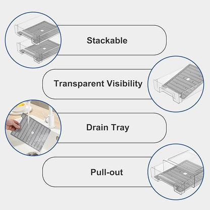 Pull Out Clear Fridge Organizer Drawers with Drainer, Refrigerator Stackable Storage Bins for Kitchen Fruit & Veggie Organization (2PCS, Small)