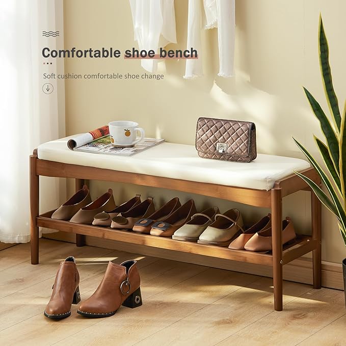 Shoe Rack Bench Entryway Bamboo Shoe Storage Bench with Leather Cushion 2 Tiers Shoe Rack Entryway Bench for Hallway, Living Room,Bedroom(Beige Bench top+Brown Frame)