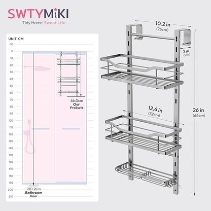 SWTYMIKI Over the Door Shower Caddy - 3 Tier Adjustable Shower Organizer Hanging with Soap Holder, No Drilling Stainless Steel Bathroom Rack Hanging for Body Wash, Shampoo, Soap, Razor, Silver