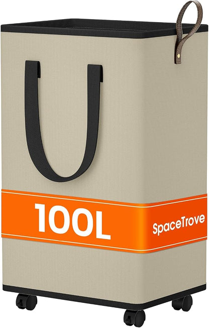 SpaceTrove Laundry Basket with Wheels, Collapsible Laundry Baskets, Laundry Hamper with Handles Detachable Wheels, Rolling Laundry Basket, Dirty Clothes Hamper for Bathroom, Dorm, Bedroom, Beige, 100L