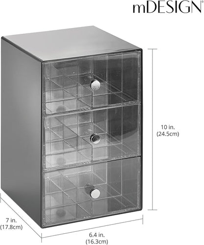mDesign Plastic Wide Kitchen Pantry, Cabinet, Countertop Organizer Storage Station, 3 Drawers for Coffee, Tea, Sugar Packets, Sweeteners, Creamers, Drink Pods, Packets; 18 Sections, Dark Gray/Clear