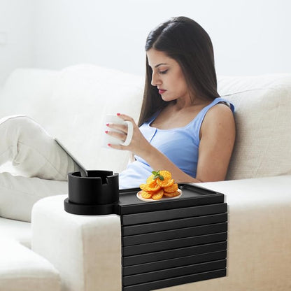 GHKINMAL Couch Cup Holder Tray, 3 in 1 Large Couch Arm Trays,Bamboo Chair Clip on Tray with 360° Ratated Phone Holder for Couch,Armrest Tray for Snacks,Remote,Phone