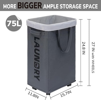 CHICVITA Rolling Laundry Basket with Wheels,75L Large Collapsible Laundry Hamper with Removable Wash Bag Space for Corner Dorms, Grey