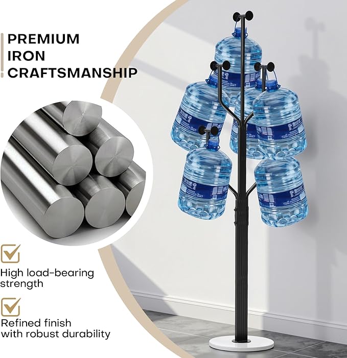 Coat Rack Freestanding with 10 Hooks, Metal Coat Rack Stand, Heavy Duty Standing Coat Tree with White Sturdy Round Base for Clothes, Hat, Jacket/Entryway, Hallway, Bedroom, Black