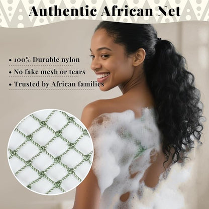 African Net Sponge Authentic-4 Packs African Exfoliating Net Sponge,Bath Sponges for Shower,42 inch Long for Normal to Sensitive Skin,Body Exfoliator Shower(Green,Olive Green,Light Gray,Black)