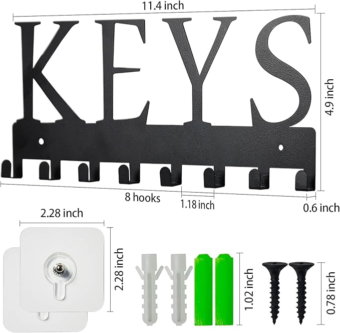 HappyHapi Key Holder Wall Mount, Metal Key Holder for Wall Decorative with 8 Key Hooks, Key Organizer Rack Hanger for Home, Entryway, Front Door, Hallway, Office, Matte Black, 11.4''4.9''0.6''