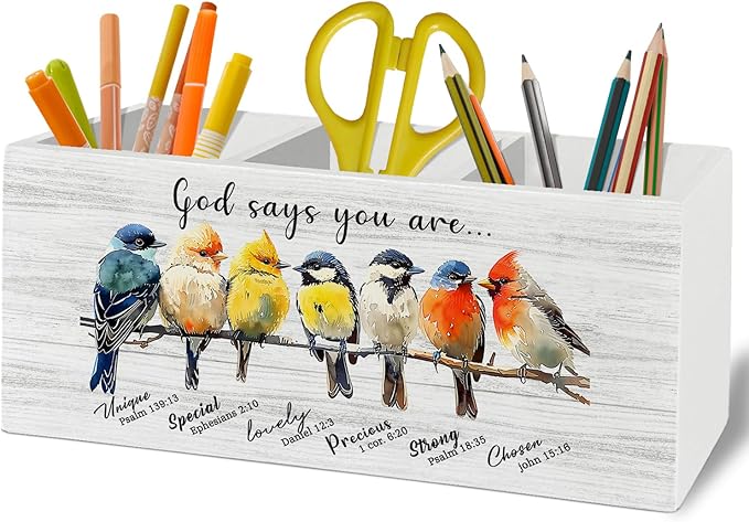 Christian Bird Pen Pencil Holder Organizer for Desk Accessories, God Says You Are Bible Verse Inspirational Wooden Box Sign Desk Decor for Home Office Decoration, Bird Lovers Gifts