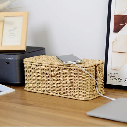 BROWNLILY Cable Management Box, Rattan Style Cord Organizer for Desk Cord Hider Outlet Covers for Power Strip TV PC Router Charger Under Desk Storage with Lockable Lid and Cable Ties