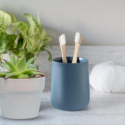 Yew Design Matte Blue Toothbrush and Toothpaste Holder and Cup for Bathroom Vanity and Countertop, Round Organizer for Electric Toothbrushes, Floss, Razors, Cotton, and Mouthwash