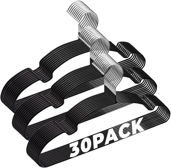 Black Metal Hangers 30 Pack, Rubber Coated Non Slip Stainless Steel Hanger, Space Saving and Heavy Duty 20Lbs Capacity for Clothes, Suit, Shirt, Coat, Dress, Camisole