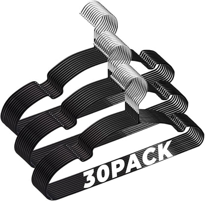 Black Metal Hangers 30 Pack, Rubber Coated Non Slip Stainless Steel Hanger, Space Saving and Heavy Duty 20Lbs Capacity for Clothes, Suit, Shirt, Coat, Dress, Camisole