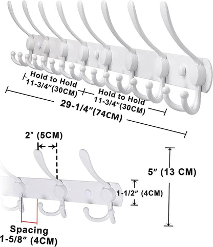 Dseap Coat Rack Wall Mount - 29.5” Long 8-Tri-Hooks Heavy Duty Coat Hanger Rail Wall Hooks for Hanging Coats Hats Clothing Clothes Purse Mudroom Entryway, White
