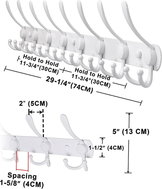 Dseap Coat Rack Wall Mount - 29.5” Long 8-Tri-Hooks Heavy Duty Coat Hanger Rail Wall Hooks for Hanging Coats Hats Clothing Clothes Purse Mudroom Entryway, White