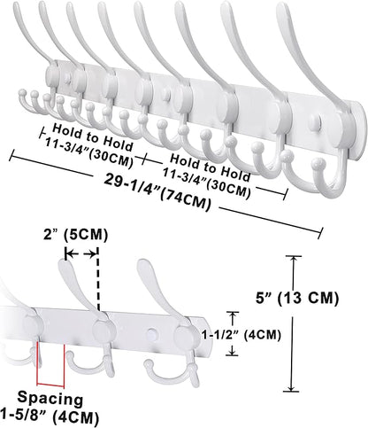 Dseap Coat Rack Wall Mount - 29.5” Long 8-Tri-Hooks Heavy Duty Coat Hanger Rail Wall Hooks for Hanging Coats Hats Clothing Clothes Purse Mudroom Entryway, White