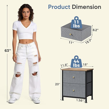 DUMOS Nightstand Small Dresser with 2 Fabric Drawers Side Tables Bedroom End Table Kids Bedside Storage Furniture for 20 inch Tall Night Stand for Closet, Entryway, College Dorm, Blue 2Pack