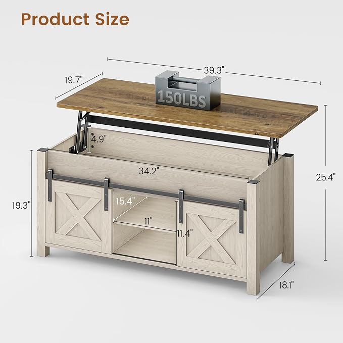 SEDETA Lift Top Coffee Table, Farmhouse Lift Tabletop Dining Table, Gas Spring, Hidden Compartment, Open Storage Shelf, for Living Room, White Brown