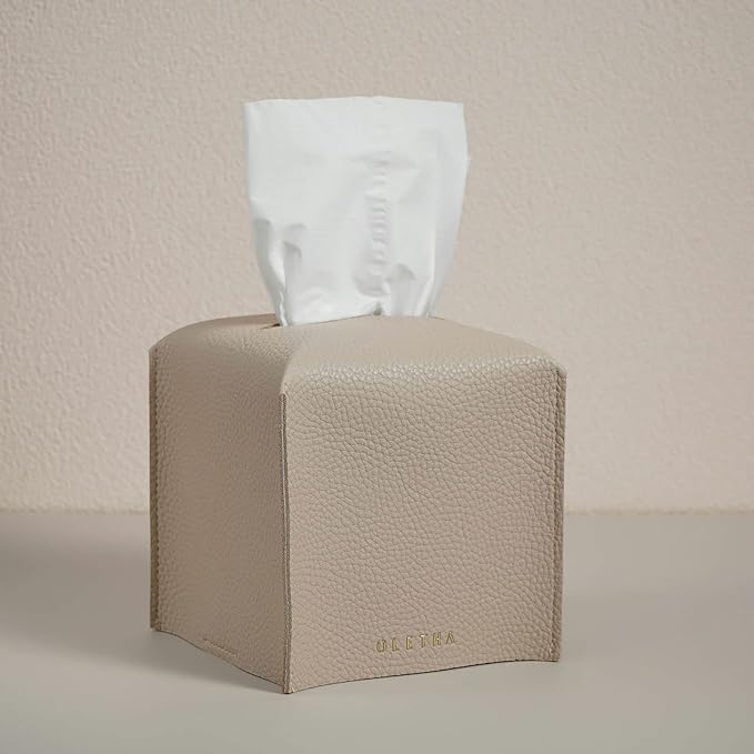 OLETHA Square Tissue Box Cover - Aesthetic Desk Decor for Room, Home & Office - Tissues Cube Boxes Holder - Light Taupe, Set of 2
