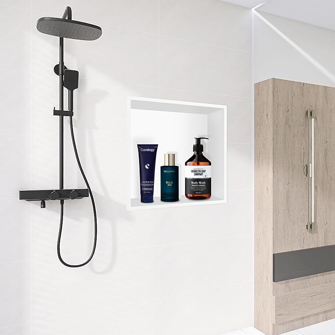 Shower Niche No Tile Needed, 12 x 12 White Shower Niche Insert Tile Ready, Recessed for Shower Wall Bathroom Storage Over Mount Installation